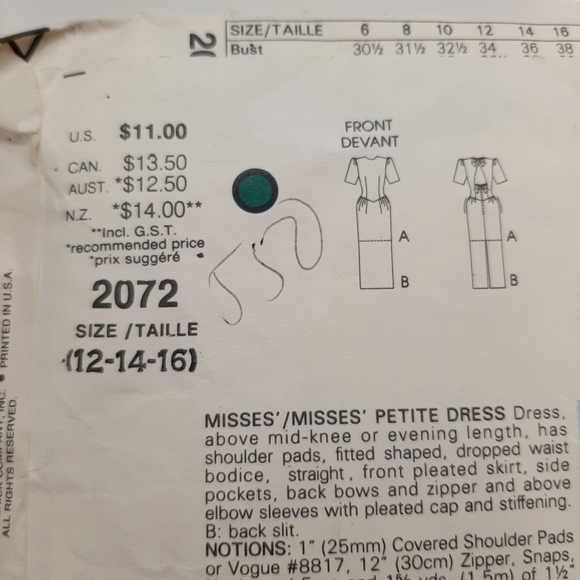 VTG 1988 VOGUE DRESS PATTERN # 2072 - Picture 7 of 7